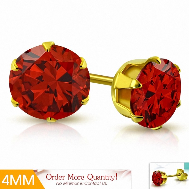 4mm | Boucles d'oreille rondes en acier inoxydable doré avec rondelles et boutons de couleur dorée avec CZ rouge siam clair