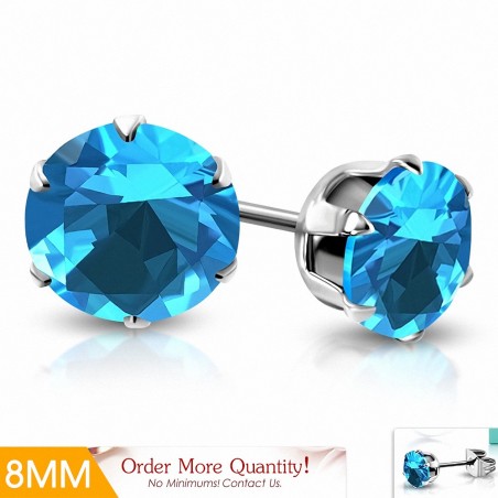 8mm | Boucles d'oreilles en acier inoxydable avec rondelles et goupilles en acier inoxydable avec CZ Bleu ciel / Aigue-marine