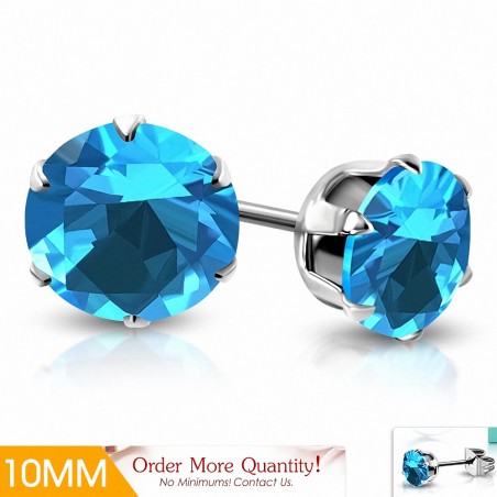 10mm | Boucles d'oreilles en acier inoxydable avec rondelles et goupilles en acier inoxydable avec CZ Bleu ciel / Aigue-marine