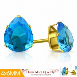 4x6mm | Boucles d'oreilles poire / goutte d'eau acier inoxydable doré avec goupilles en forme griffe bleu ciel / aigue marine