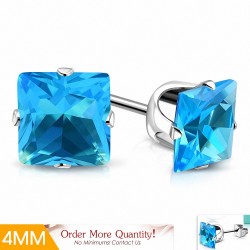 4mm | Boucles d'oreilles clous carrées en acier inoxydable avec carrés bleu ciel / aigue-marine CZ (paire)