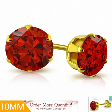 10mm | Boucles d'oreille rondes en acier inoxydable doré avec rondelles et clouss rond - Siry Red CZ (paire)