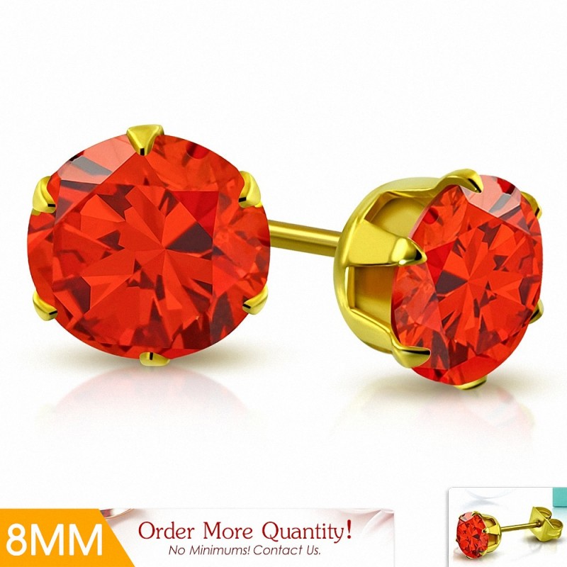 8mm | Boucles d'oreille rondes en acier inoxydable doré avec chaîne en forme de griffe avec zircone orange (paire)