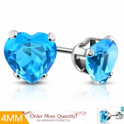 4mm | Boucles d'oreilles en forme de coeur en forme de coeur en acier inoxydable avec cœur bleu / bleu aigue-marine (paire)