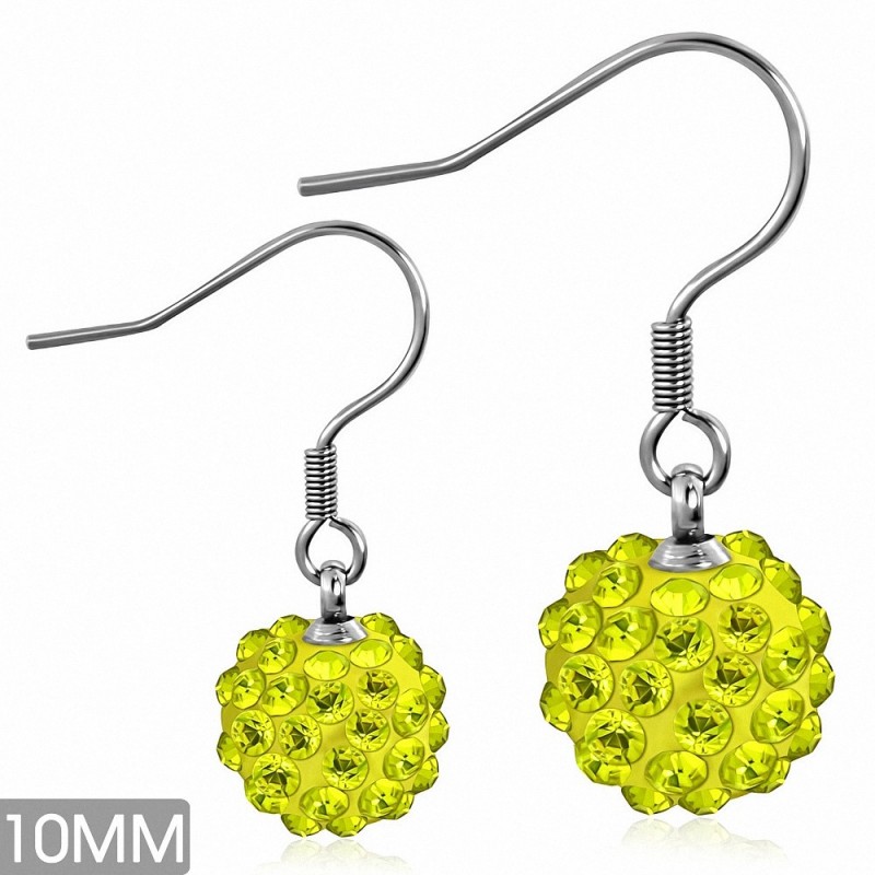 10mm | Boucles d'oreilles à crochet long Shamballa en acier inoxydable Argil Disco Ball avec CZ jaune (paire)