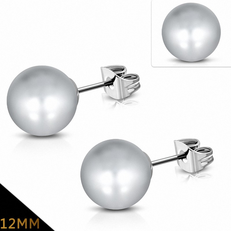 12mm | Boucles d'oreilles en perles de fausse perle avec résine grise en acier inoxydable (paire)