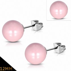 12mm | Boucles d'oreilles en perles de fausse perle avec résine rose en acier inoxydable (paire)
