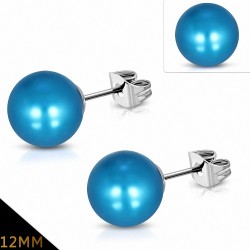 12mm | Boucles d'oreilles en perles de fausse perle avec résine bleue en acier inoxydable (paire)