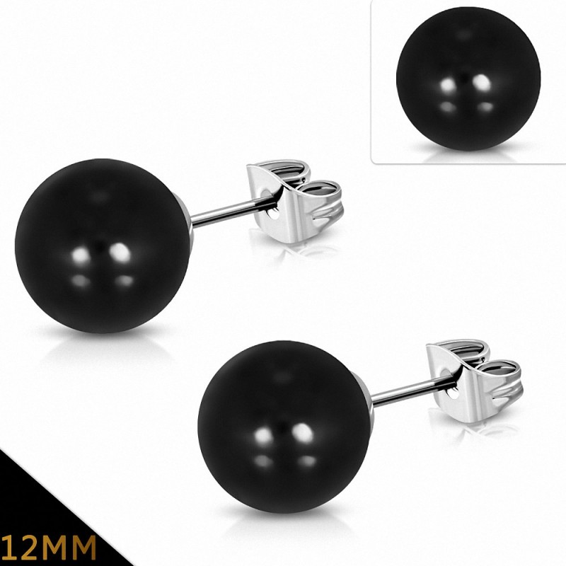 12mm | Boucles d'oreilles en perles de fausse perle avec résine noire en acier inoxydable (paire)