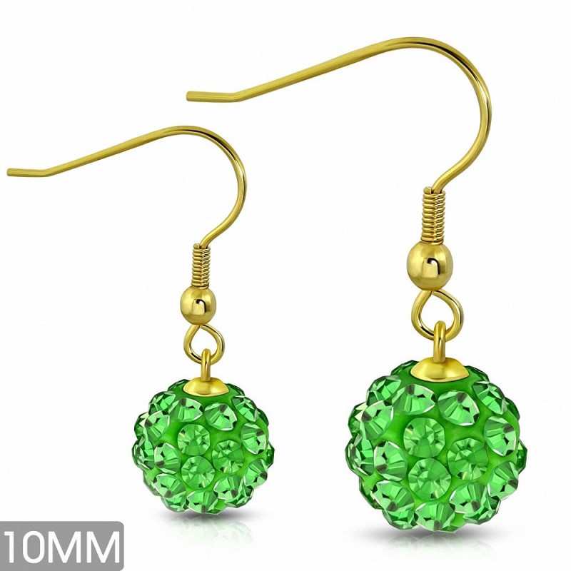 10mm | Boucles d'oreilles à crochet long Shamballa acier inoxydable plaqué en couleur argent avec boule à facettes avec péridot