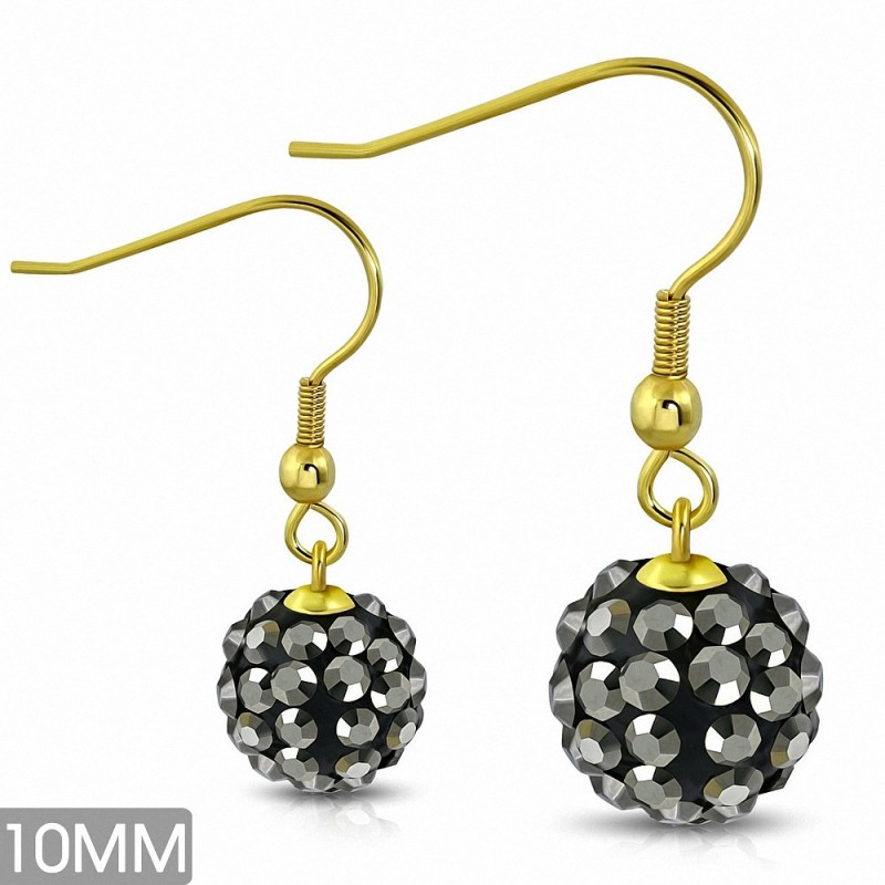 10mm | Boucles d'oreilles à crochet long Shamballa en acier inoxydable plaqué en couleur argent avec boule de disco gris