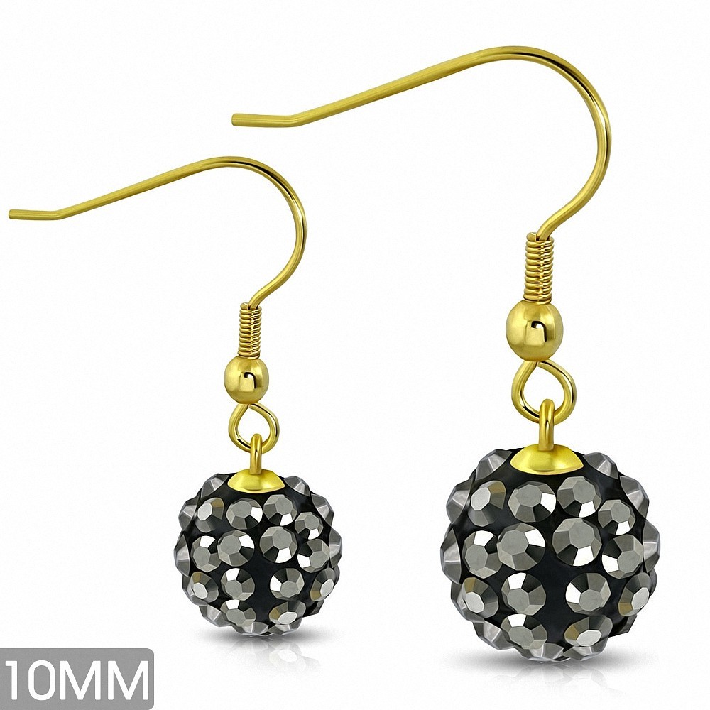 10mm | Boucles d'oreilles à crochet long Shamballa en acier inoxydable plaqué en couleur argent avec boule de disco gris