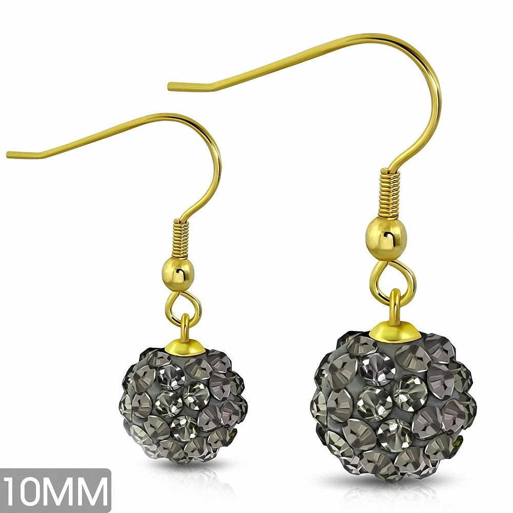 10mm | Boucles d'oreilles à crochet long Shamballa en acier inoxydable doré avec boucle Disco Ball avec CZ gris (paire)