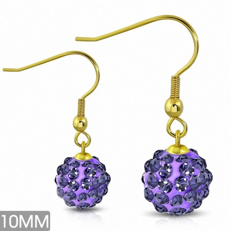 10mm | Boucles d'oreilles à crochet long Shamballa acier inoxydable plaqué en couleur argent avec boule à facettes améthyste