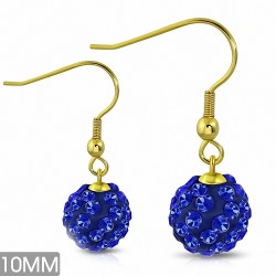 10mm | Boucles d'oreilles à crochet long Shamballa en acier plaqué en couleur argent avec boule Disco Ball avec Bleu Capri