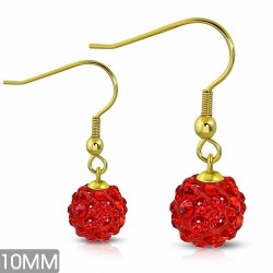 10mm | Boucles d'oreilles à crochet long Shamballa acier inoxydable couleur argent avec boule disco rouge
