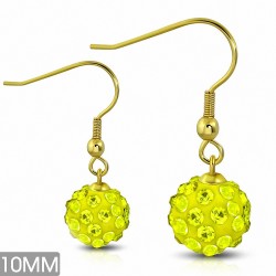 10mm | Boucles d'oreille à crochet long Shamballa en acier inoxydable plaqué en couleur argent avec boule à facettes  CZ jaune