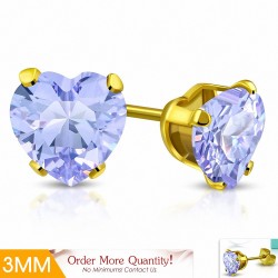 3mm | Boucles d'oreilles en forme de coeur en forme de coeur en acier inoxydable doré avec coeur violet / violet CZ (paire)