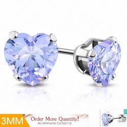 3mm | Boucles d'oreilles en forme de coeur en forme de coeur en acier inoxydable avec cœur violet / violet CZ (paire)