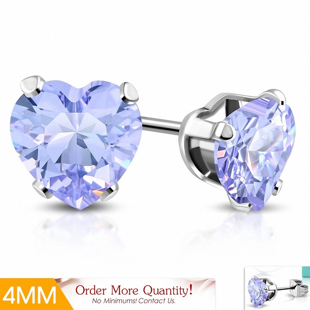 4mm | Boucles d'oreilles en forme de coeur en forme de coeur en acier inoxydable avec cœur violet / violet CZ (paire)