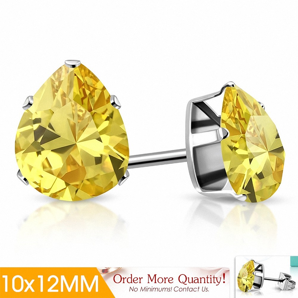 10x12mm | Boucles d'oreilles clous en acier inoxydable avec poire / larme et cz jaune (paire)