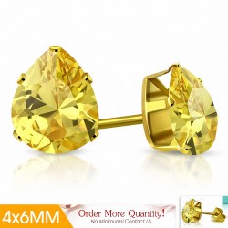4x6mm | Boucles d'oreilles clous en acier inoxydable doré avec pendentif en forme de larme avec CZ jaune (paire)