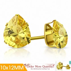 10x12mm | Boucles d'oreilles clous en acier inoxydable doré avec pendentif en forme de larme avec CZ jaune (paire)
