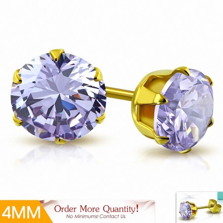 4mm | Boucles d'oreille rondes en acier inoxydable doré avec rondelles et goupilles rondes avec violet / violet CZ (paire)