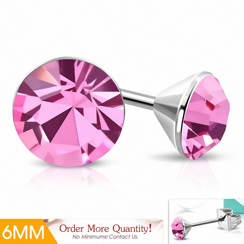 6mm | Boucles d'oreille rondes en acier inoxydable serti de lunette sertie de  Rose pâle CZ (paire)