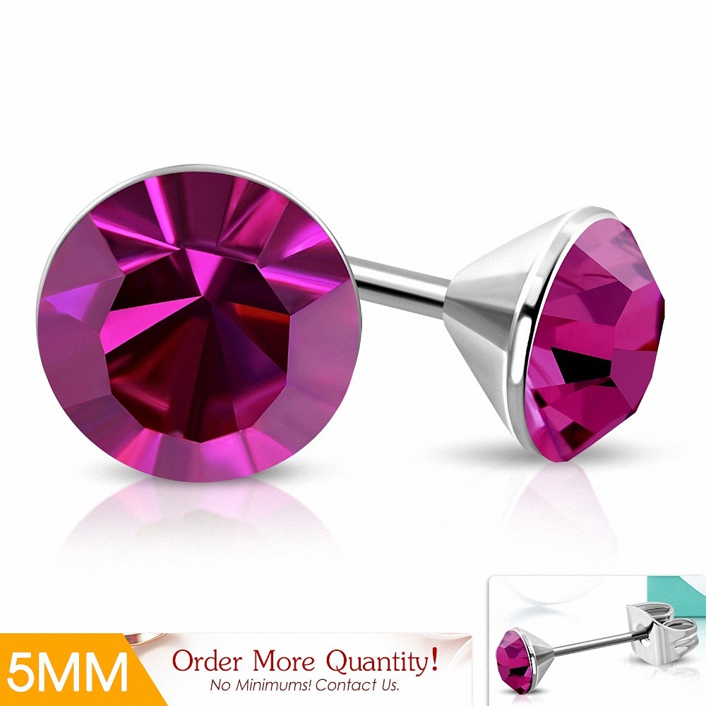 5mm | Boucles d'oreille rondes en acier inoxydable avec sertissage lunette sertie de rose CZ (paire)