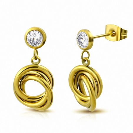 Boucles d'oreilles clous en forme de cercle rond en acier inoxydable avec doré et cristaux transparents