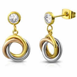 Boucles d'oreilles clous rondes à 3 tons et cercle imbriqué en acier inoxydable avec CZ clair (paire)