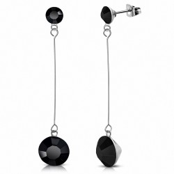 4mm & 7mm Cercle Rond Noir CZ C / Boucles D'oreilles Longues En Acier Inoxydable (paire)