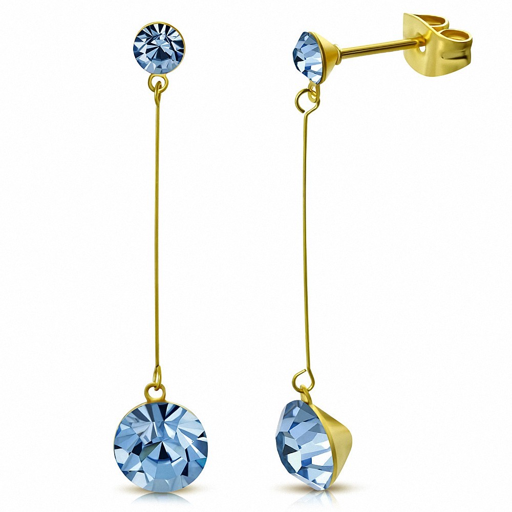 4mm & 7mm Cercle Rond Bleu Saphir CZ  doré Boucles D'oreilles Longues Goutte En Acier Inoxydable (paire)