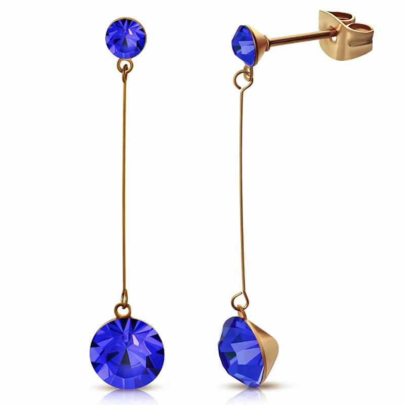 Cercle Capri Bleu CZ avec 4mm & 7mm Cercle  Rose Rose Doré Plaqué Acier Inoxydable Longue Goutte Boucles d'oreilles (paire)