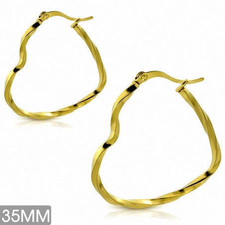 35mm | Boucles d'oreilles clip arrière avec pendentif coeur ouvert en acier inoxydable plaqué en couleur d'or (GEO580)