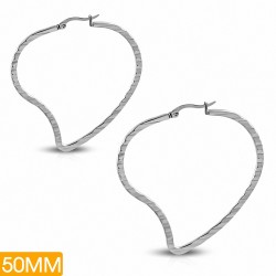 50mm | Boucles d'oreilles clip arrière en forme de coeur d'amour diagonal en acier inoxydable (paire)