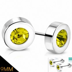 9mm | Boucles d'oreille rondes en acier inoxydable serti de lunette sertie de topaze jaune CZ (la paire)