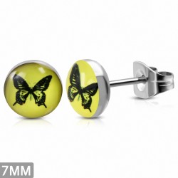 7mm | Boucles d'oreilles clous cercle de papillon en acier inoxydable à 3 tons (paire)