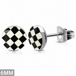 6mm | Boucles d'oreilles clous cercle à grille / damier en acier inoxydable à 3 tons (paire)