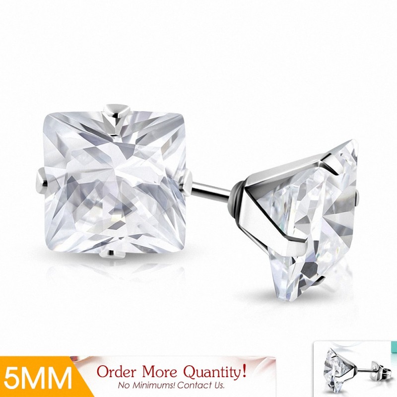 5mm | Boucles d'oreilles clous carrées en acier inoxydable avec  Clear CZ (paire)