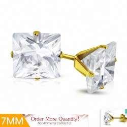 7mm | Boucles d'oreilles carrées en acier inoxydable doré avec plaqué de couleur d'or avec cZ transparent (paire)