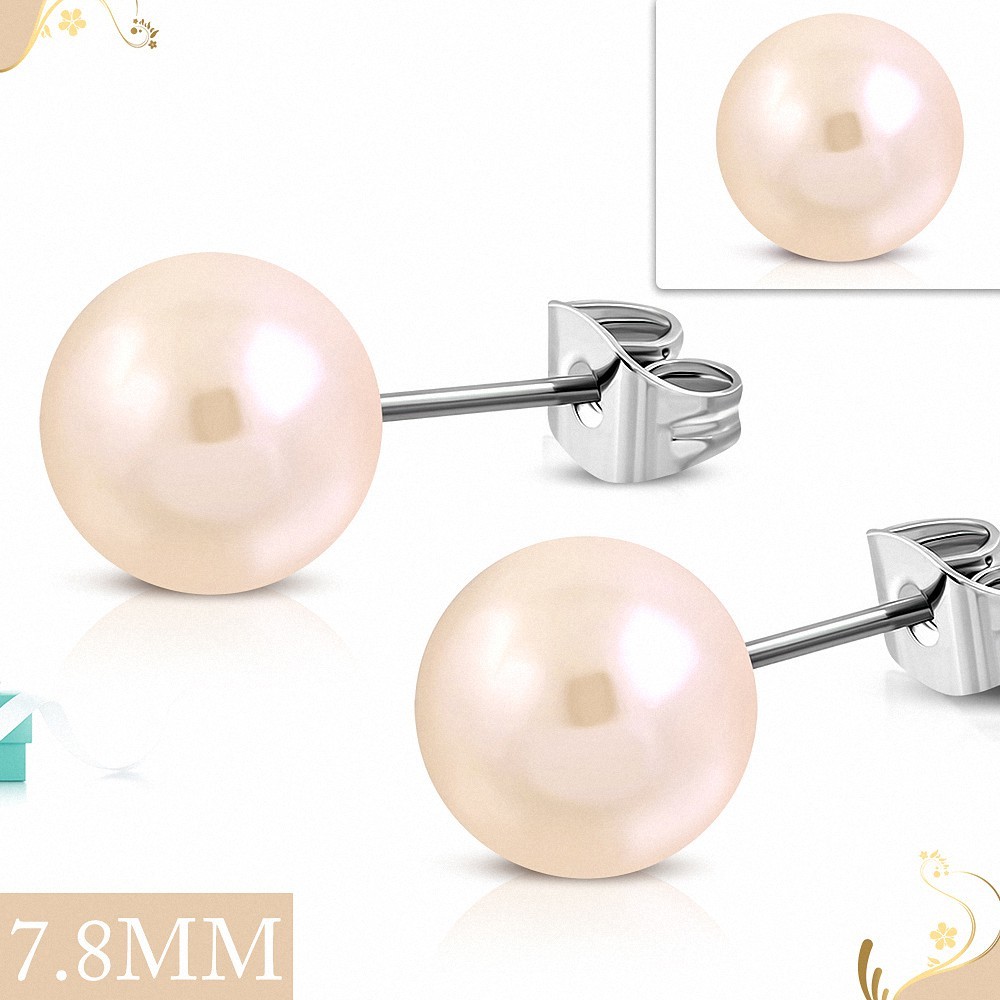 7.8mm | Boule de perle en acrylique pêche  Boucles d'oreilles clous en acier inoxydable à 2 tons