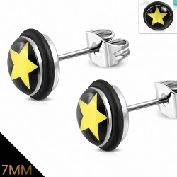 7mm | Boucles d'oreilles motard en acier inoxydable à 3 tons avec cercle Pentagram étoile et paires de joints  (paire)