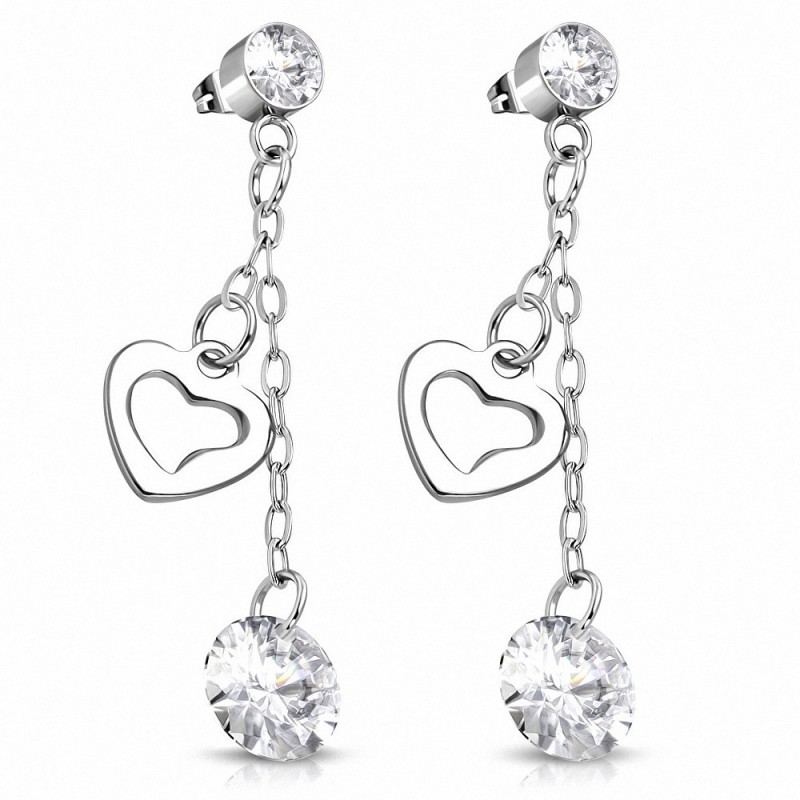 Pendants d'oreilles à breloques en acier inoxydable avec coeur d'amour ouvert en acier inoxydable avec cz incolore (paire)