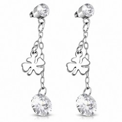 Boucles d'oreilles en acier inoxydable avec pendentif goutte de fleur de trèfle en acier inoxydable avec cz incolore (paire)