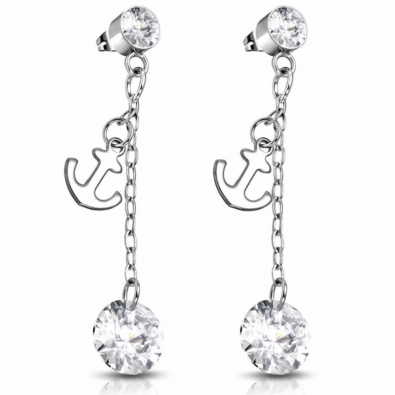 Boucles d'oreilles pendantes avec breloque ancre marine en acier inoxydable avec  Clear CZ (paire)