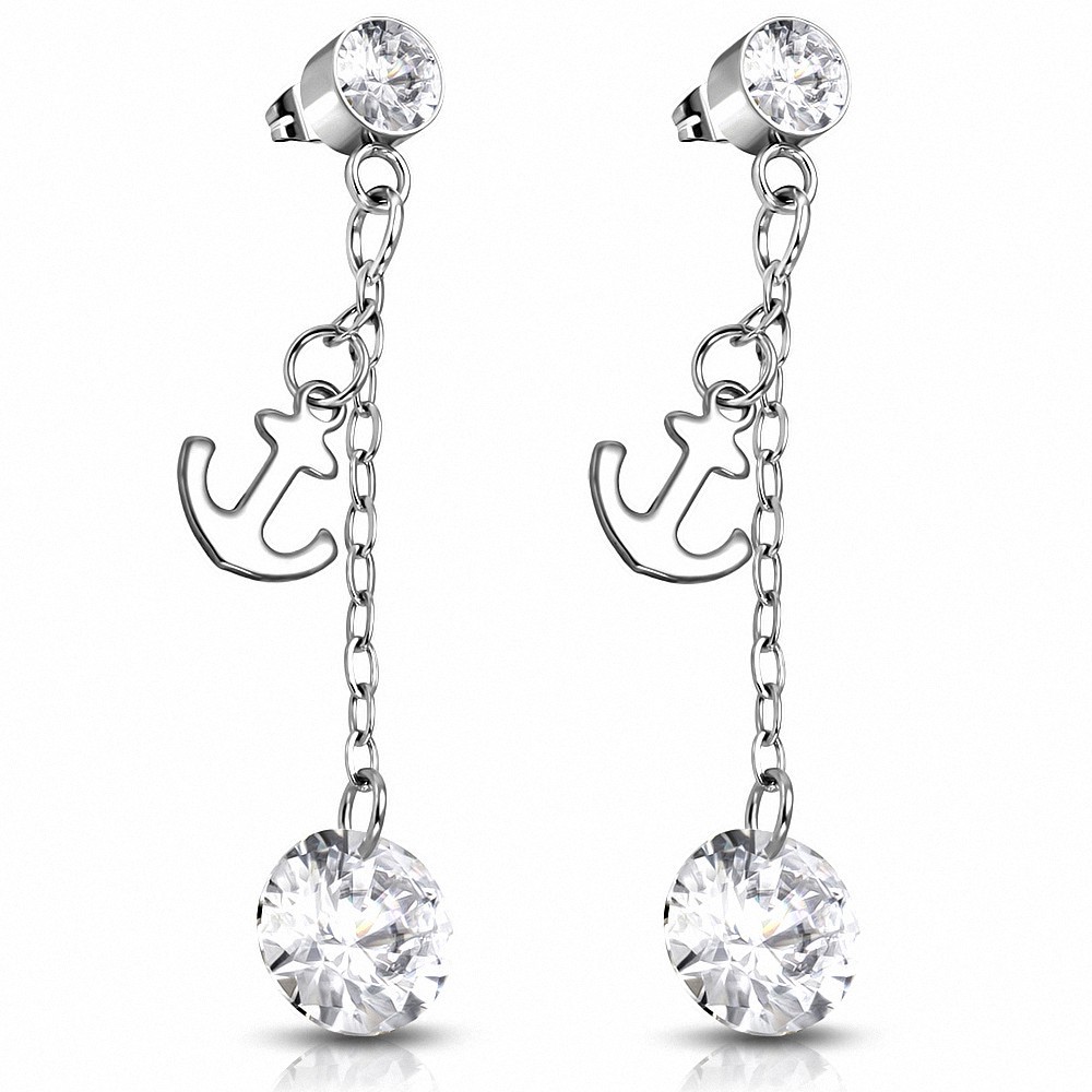 Boucles d'oreilles pendantes avec breloque ancre marine en acier inoxydable avec  Clear CZ (paire)