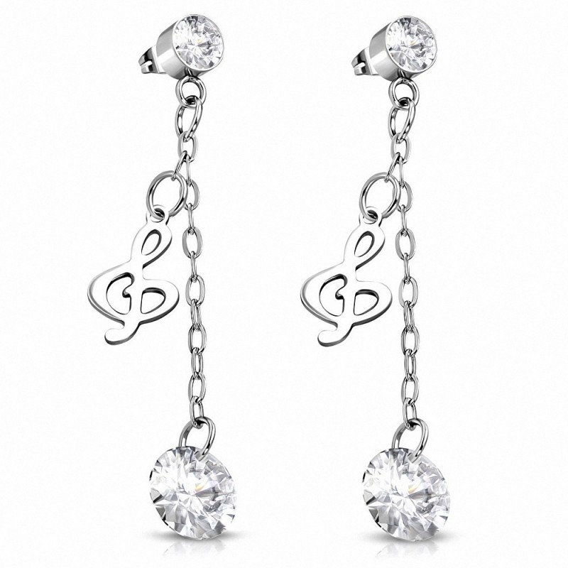 Boucles d'oreilles clous musicales en forme de clé de note musicale avec breloques longues en acier inoxydable (paire)