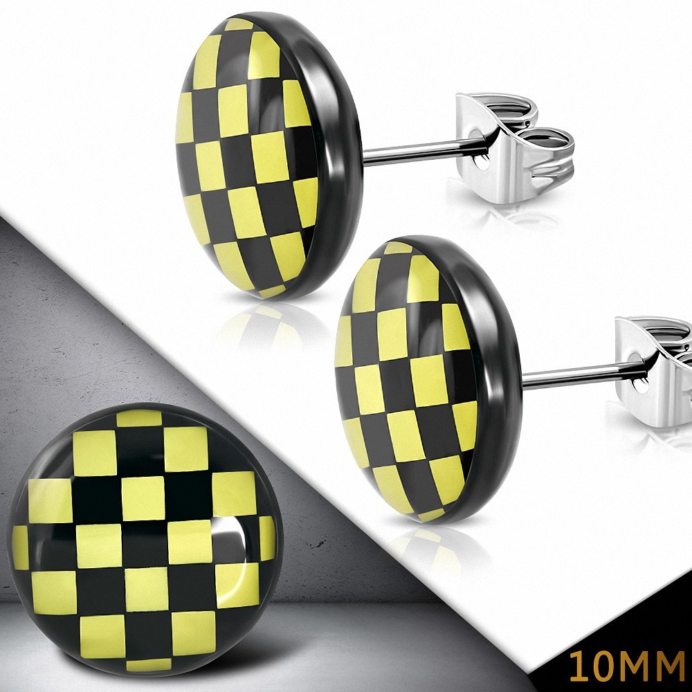 10mm | Boucles d'oreilles clous cercle à grille / damier en acier inoxydable à 3 tons (paire)